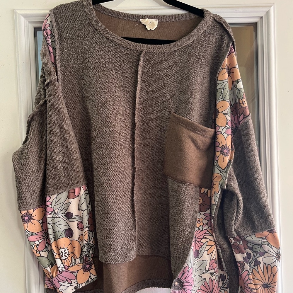 BiBi Brown Sweater with Floral Sleeves